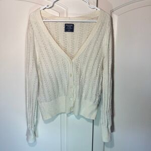 Abercrombie & Fitch Cream Pointelle Knit Cardigan Sweater Cottagecore Womens XL